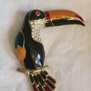 Vintage Toucan Brooch, Bird Enamel & Rhinestones Vivid Colors!